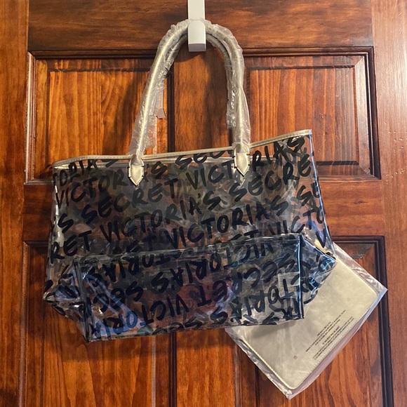NWT Victoria’s Secret Clear Plastic Graffiti Tote + Metallic Rose Gold Wrislet - Picture 8 of 12